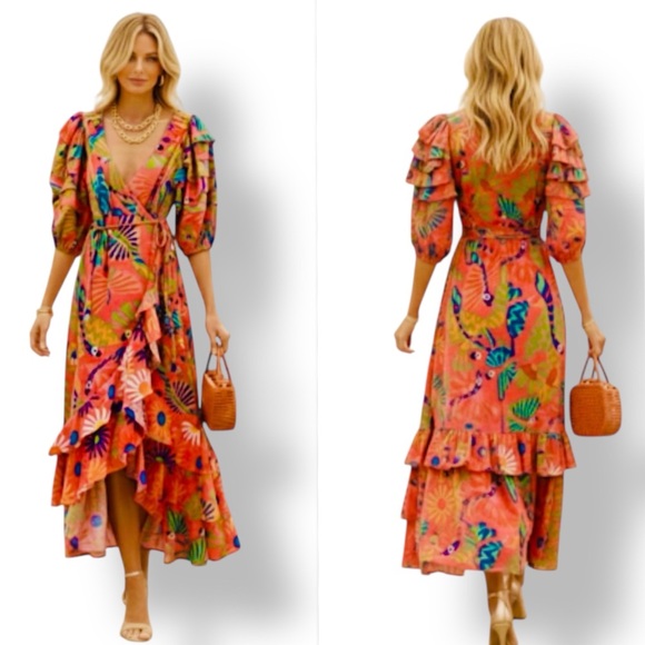 FARM Rio Dresses & Skirts - Farm Rio Macaw Ruffled Wrap Dress  100% Cotton In Coral Size XXS